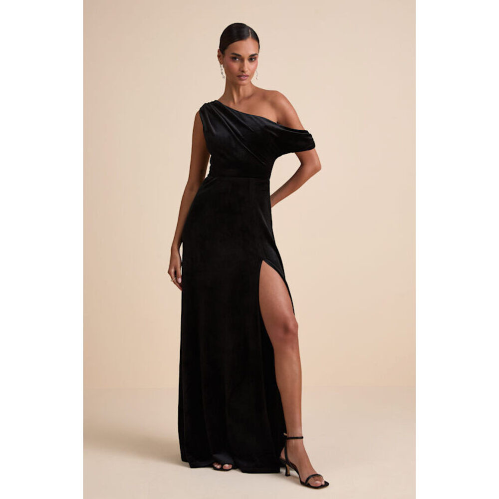 Lulus Coveted Confidence Black Velvet Asymmetrical Maxi Dress - Size M